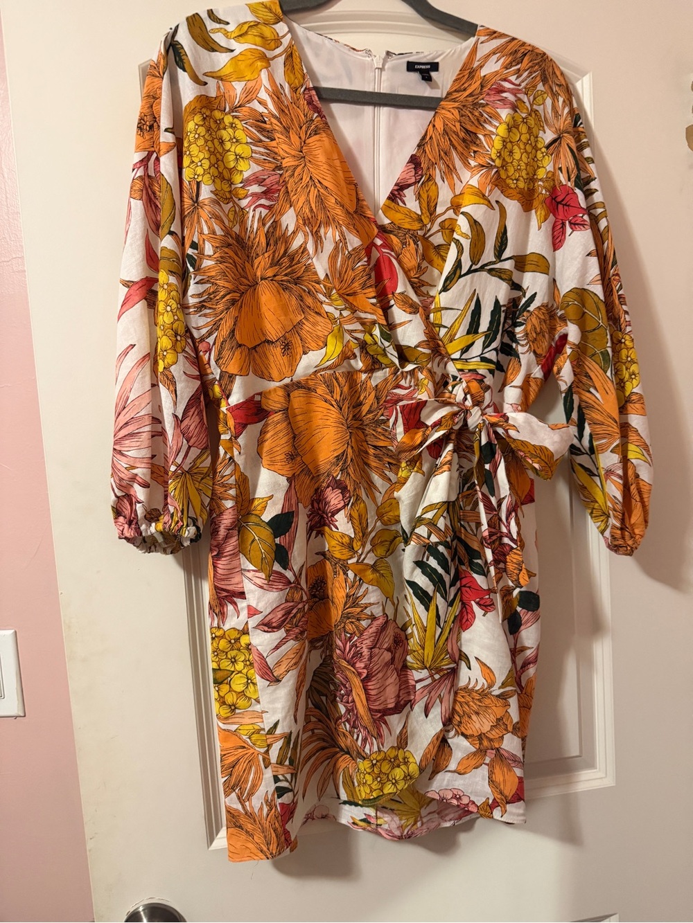 Express Tropical Floral Wrap Dress Top - Orange Floral SZ L